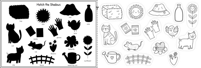 Cut and glue game with cute farm characters and objects in outline. Educational black and white activity page for kids. Matching game for school and preschool. Vector illustration