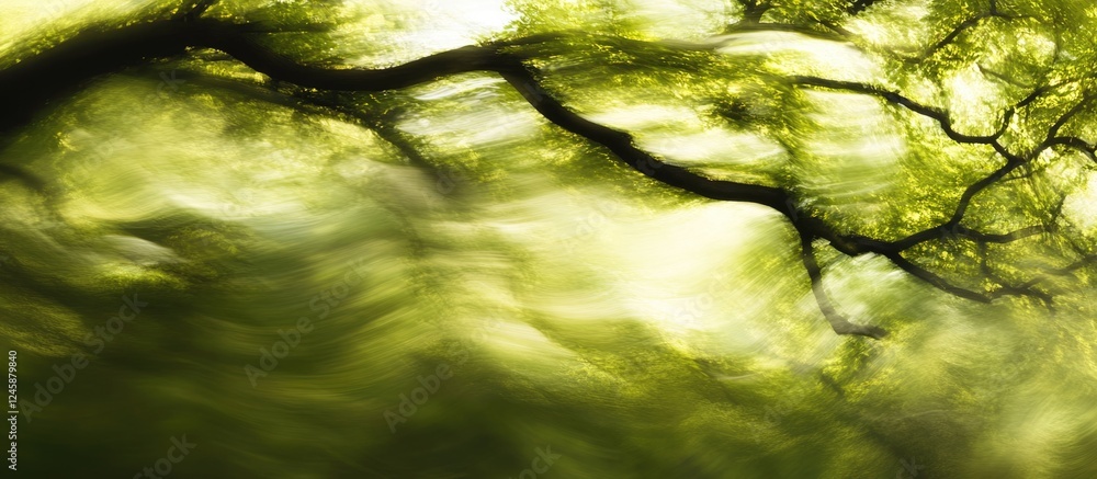 Poster abstract nature background with blurred green trees creating a serene and tranquil atmosphere for de