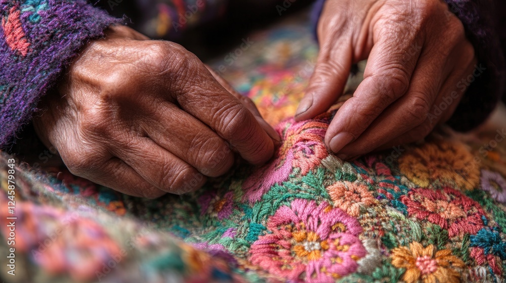 Aufkleber A skilled artisan hands working meticulously on delicate hand-embroidery, with vibrant threads creating intricate patterns on a textured fabric.
