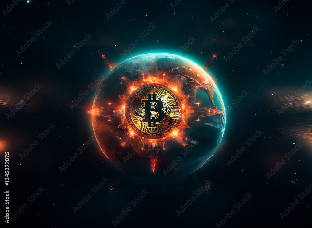 Poster a digital currency symbol is centered on a glowing globe, emanating bright energy in a dark space, r
