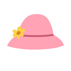 Cute summer hat in cartoon style isolated on white background.  Hand drawn pink female hat with a flower. Vector illustration