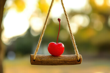A cherry perched on a swing made of licorice, swaying in the breeze