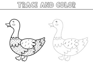 Trace and color game in outline for kids with a cute duck. Black and white activity page with a funny farm character. Great for coloring book. Vector illustration