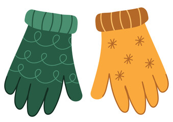 A pair of colorful winter mittens in cartoon style. Hand drawn warm gloves clipart. Vector illustration