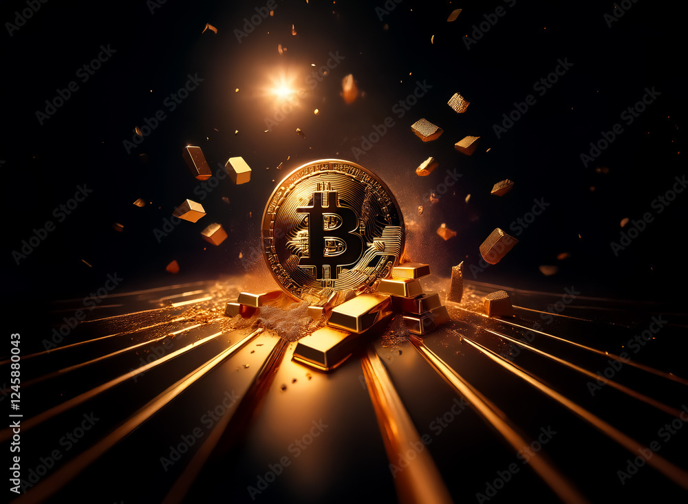 Poster golden coin bursts apart amidst gold bars on a dark surface, creating dynamic energy and highlightin