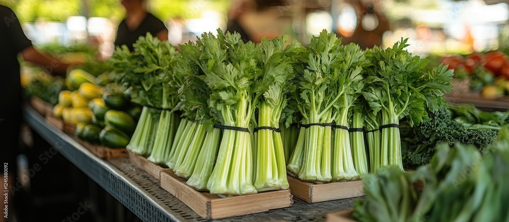 Poster fresh bunches of celery displayed at a farmer's market with blurred background and copy space for te