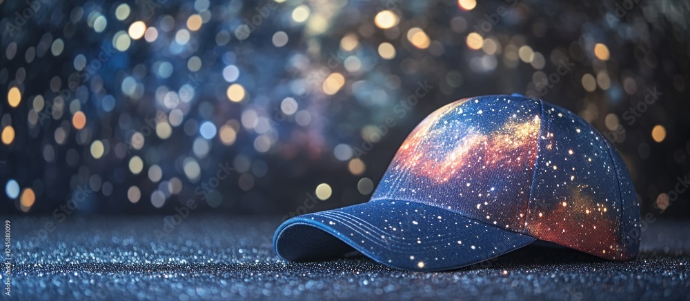 Poster celestial cap with galaxy design and space for custom text on a blurred starry background