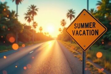 Sun is setting behind yellow sign that says summer vacation