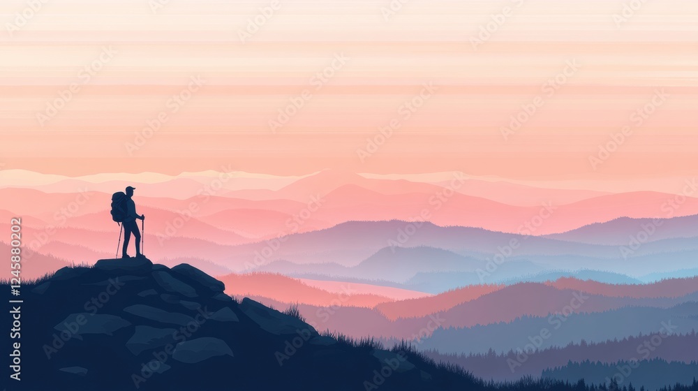 Aufkleber Hiker stands on mountain ridge at sunset against colorful sky with open space for text. Generative AI