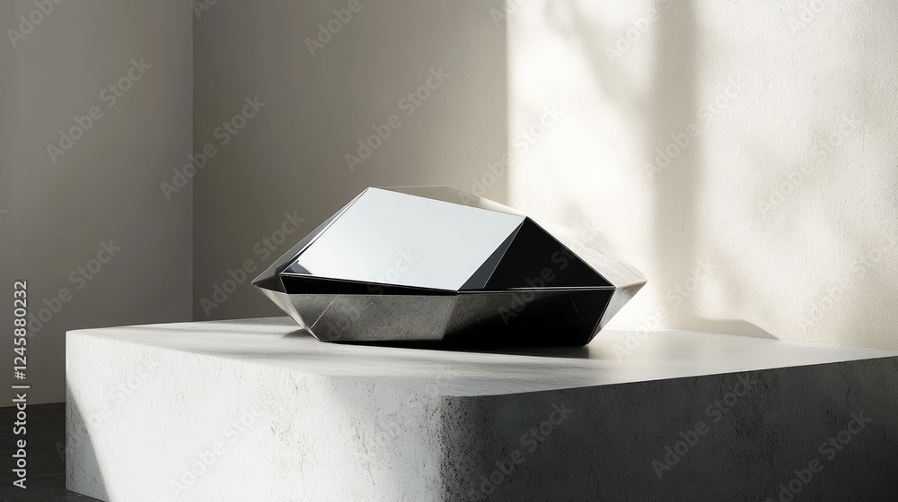 Poster a sleek octahedral prism positioned on a podium, creating a futuristic and geometric display for pac