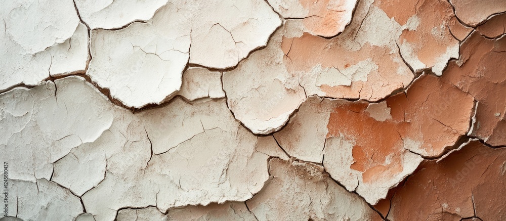 Poster textured close-up of an aged wall surface revealing intricate patterns of peeling paint in earthy to