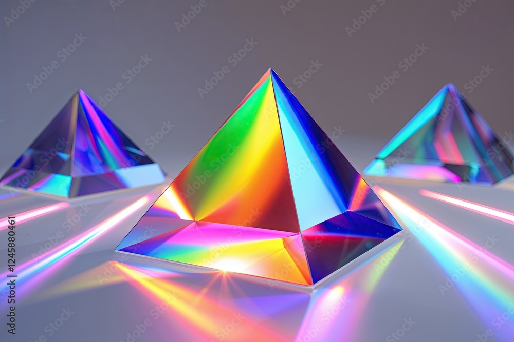 Poster unique 3d triangular holographic prisms rendering vibrant light spectrum in a clear setting