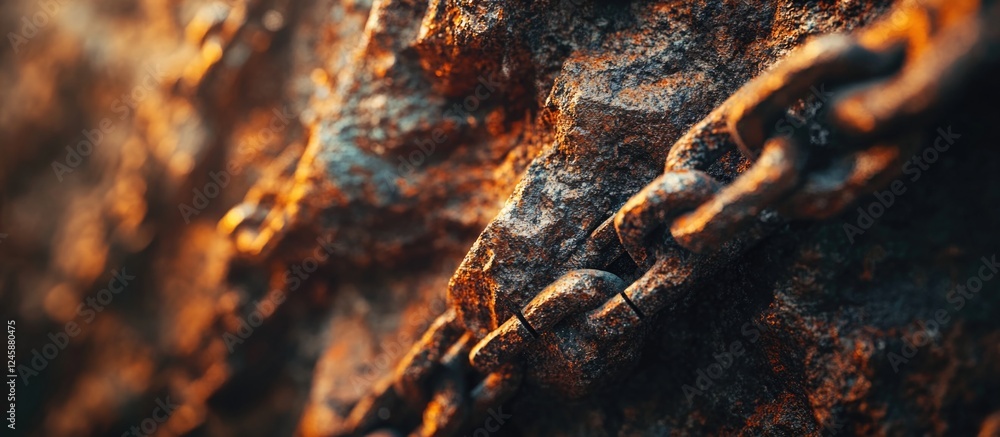 Aufkleber rusty chain links against a grungy background with warm tones and textured details for industrial or