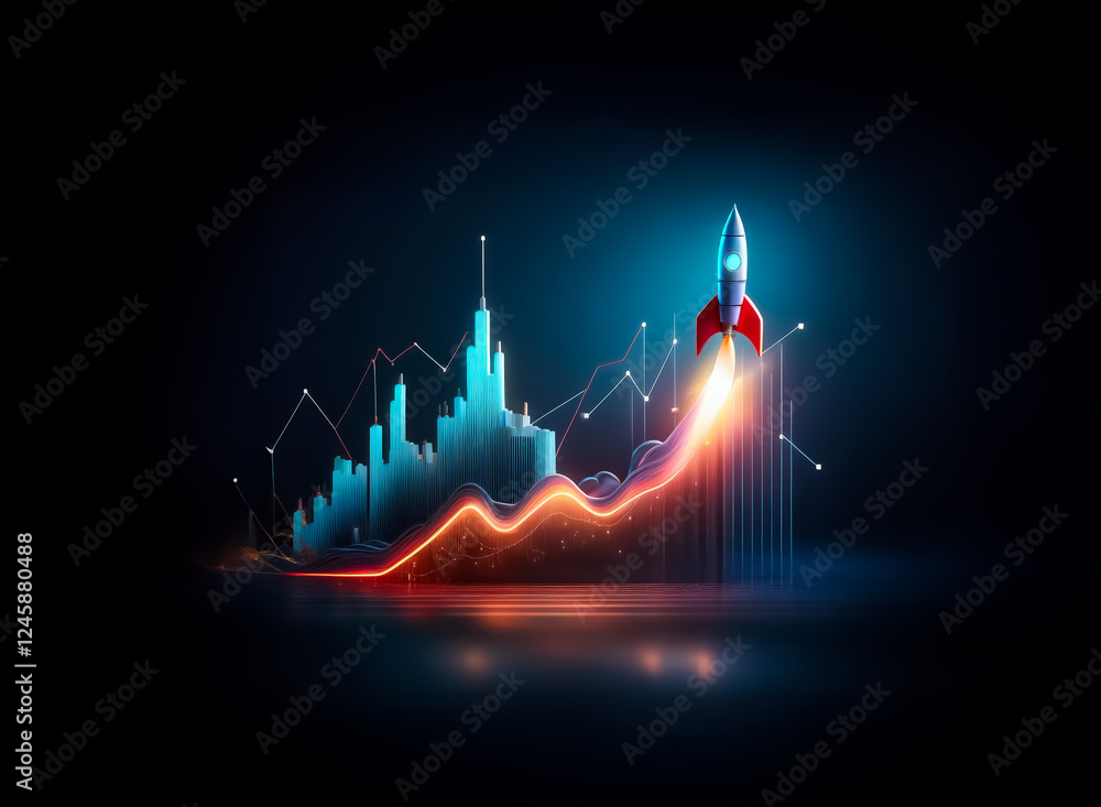 Poster rocket launches against a financial chart, symbolizing rapid growth and upward trends in a dark back