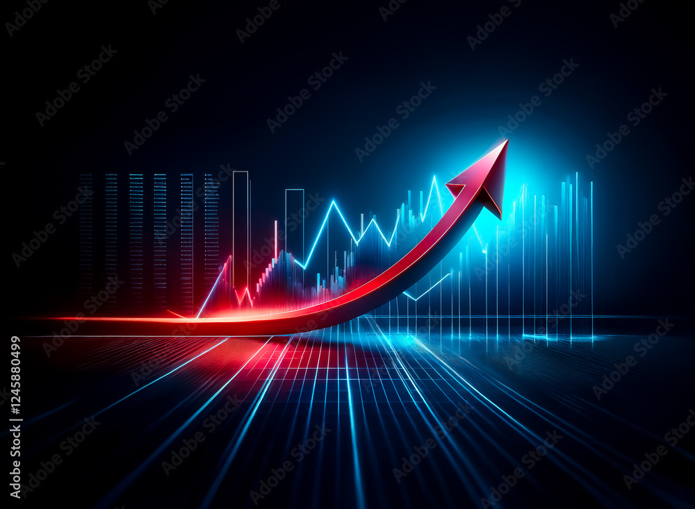 Aufkleber Vibrant red arrow ascends over glowing bars on a dark backdrop, symbolizing progress and growth with futuristic neon lights and dynamic reflections.
