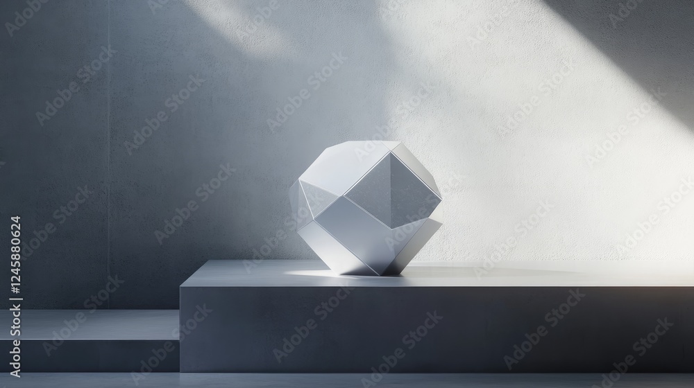 Poster a sleek octahedral prism positioned on a podium, creating a futuristic and geometric display for pac