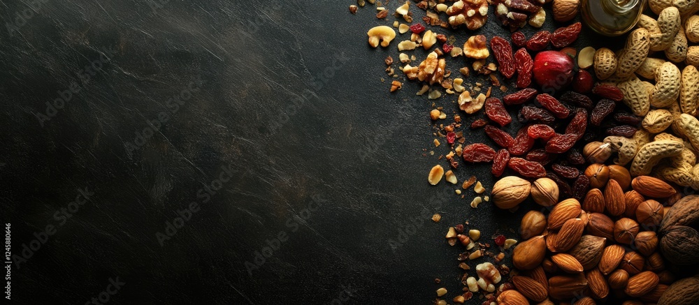Poster assorted nuts and dried fruits on dark background with space for custom text and marketing content