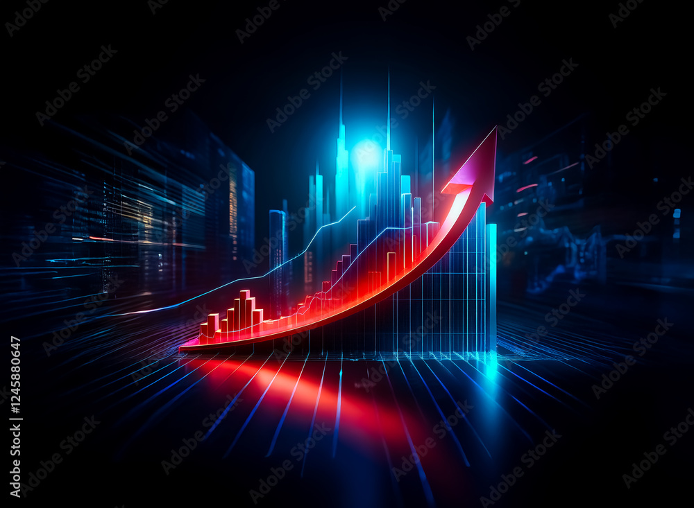 Aufkleber A vibrant red arrow ascends dynamically over a digital graph with blue and red lines, set against a dark backdrop with colorful light accents, symbolizing growth and positive trends.