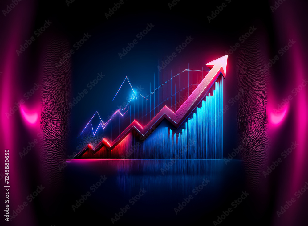 Poster glowing neon bar chart with a red arrow points upwards on a dark grid surface. the vibrant blue and 