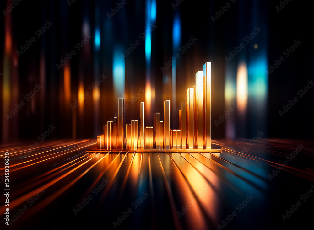 Poster Luminous golden bars arranged as a rising graph, brightly lit against a dark backdrop. Reflections on the surface with an abstract bokeh background.