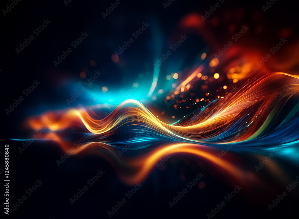 Poster abstract image featuring vibrant, flowing lines of orange and blue light against a dark backdrop. th