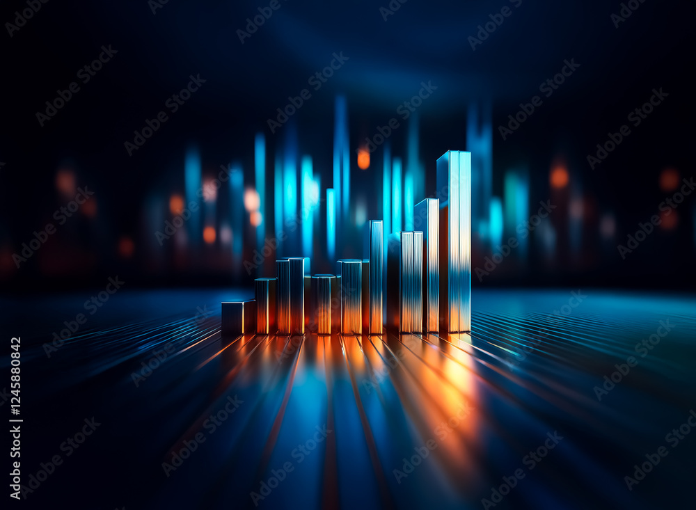 Leinwandbilder abstract metallic bars stand on a reflective plane, illuminated by vibrant streaks of light against 