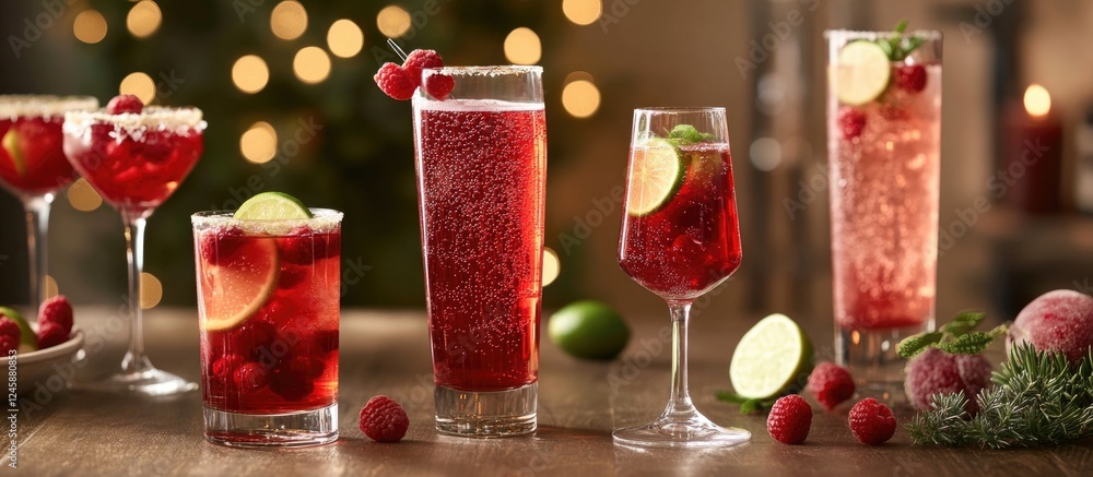 Poster refreshing sparkling red grape juice cocktails garnished with raspberries and lime slices served in 