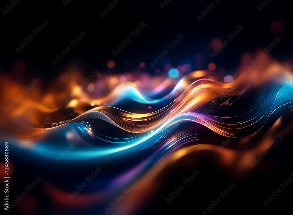 Poster Abstract image featuring flowing waves of light in warm orange and cool blue tones on a dark backdrop. Sparkling particles add depth and movement to the smooth, flowing texture.