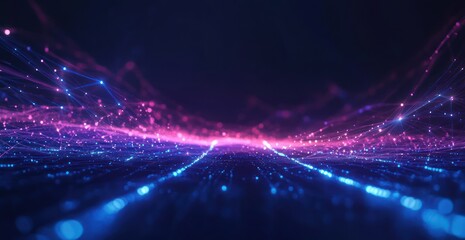 Futuristic Cyberpunk Digital Network with Neon Lights and Interconnected Nodes