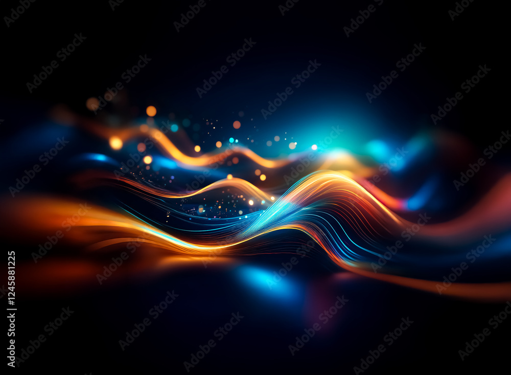 Poster abstract glowing waves of orange and blue light dynamically curve and flow across a dark backdrop, c