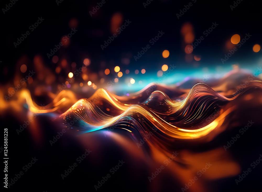 Leinwandbilder Abstract waves of vibrant orange and blue lights gracefully flow across a dark background. Bokeh lights add depth and a reflective surface enhances the dynamic motion.