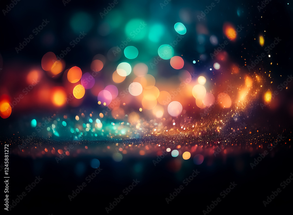 Poster Abstract image featuring a dreamy bokeh effect. Colorful lights create blurred circles of vibrant hues against a dark backdrop, evoking a magical atmosphere.