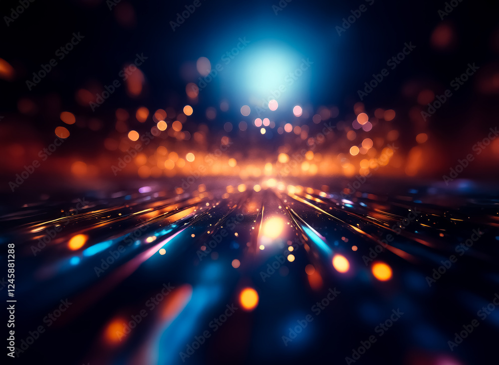Poster Abstract blurry lights with bokeh effect in dark tone create a dreamy and magical atmosphere. The vibrant colors stand out against the deep background.