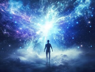 Silhouette of a person standing under a vibrant cosmic and nebula background.