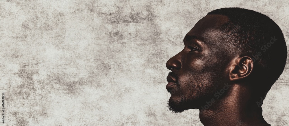 Poster profile portrait of a man with dark skin against a textured gray background with copy space for text