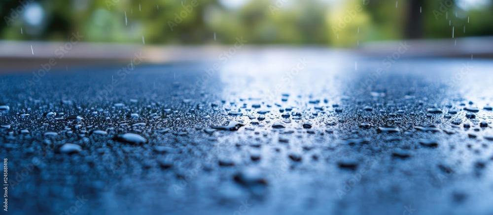 Poster glittering blue bokeh background with dew drops on a surface creating a dreamy, blurred texture idea