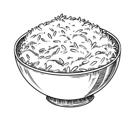 Steamed rice bowl food illustration in the graphic line art style. Hand drawn vector outline element of healthy side dish meal. Perfect for menu creating and sketch drawing designs.