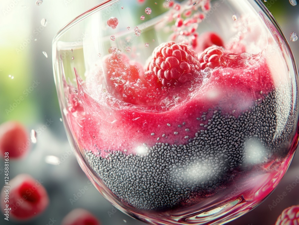 Poster raspberry smoothie with chia drink â€“ macro shot of the drink floating in a glass.