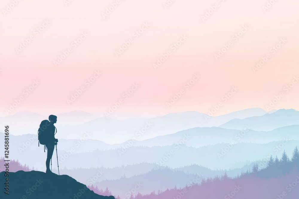 Poster silhouette of a hiker on a mountain ridge during sunrise surrounded by vast open space for adventure