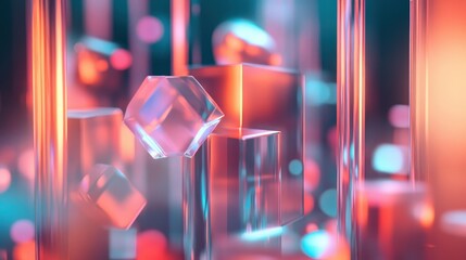 Neon Abstract Shapes: A mesmerizing abstract composition with vibrant neon hues, featuring glowing glass cubes and prisms arranged in a dynamic interplay of light and form.