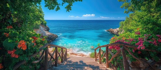 Obraz premium Wooden staircase leading to a tranquil turquoise sea surrounded by vibrant greenery and blooming flowers on a sunny day.