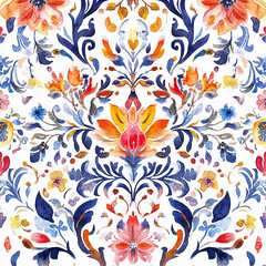 A colorful floral pattern with a blue and yellow flower in the center. The flowers are arranged in a way that creates a sense of movement and flow. Scene is bright and cheerful, with the colors