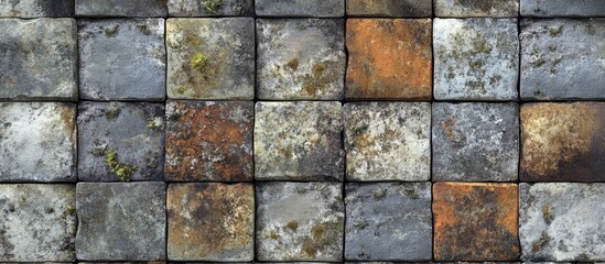 Fototapeta premium Textured square stone wall background with a mix of earthy tones and natural moss accents perfect for design projects.
