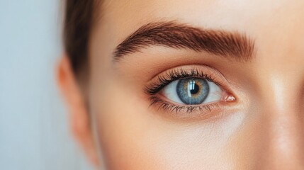 Obraz premium Close-up of a human eye with blue iris, long eyelashes, and well-groomed eyebrows against a light background with Copy Space