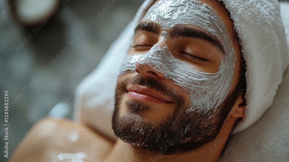 Poster man with beard relaxing during facial treatment with clay mask in spa setting copy space