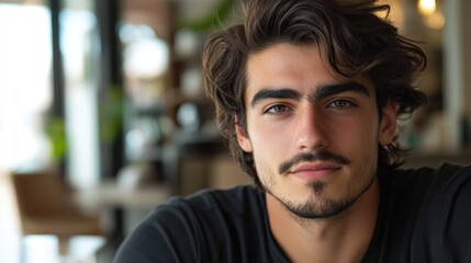 Obraz premium Young man with tousled hair and a thoughtful expression sitting indoors with natural light and blurred background Copy Space