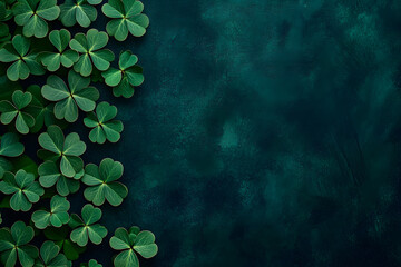 St. Patrick's Day background with shamrock leaves on a dark green color, with copy space for text, in a top-view composition. St.