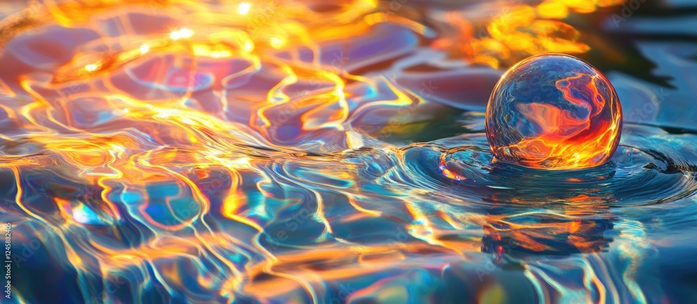 Aufkleber vibrant abstract water surface reflections with a floating bubble showcasing organic shapes and colo