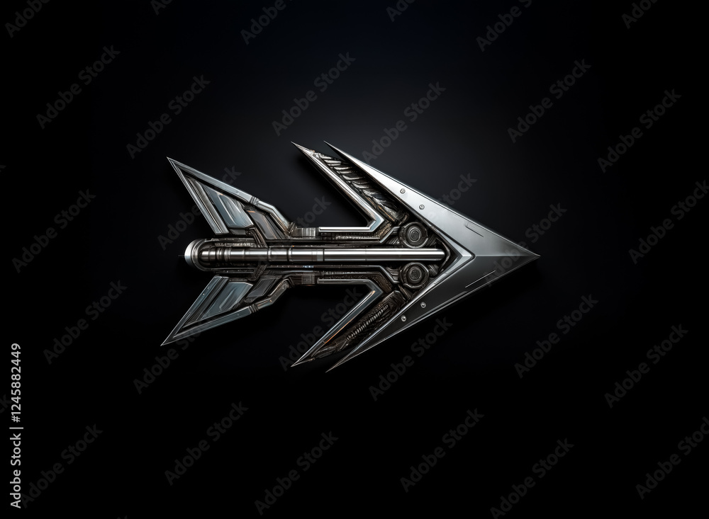 Poster sleek metallic arrow, pointing right, with a futuristic and sharp design, reflecting light, centered