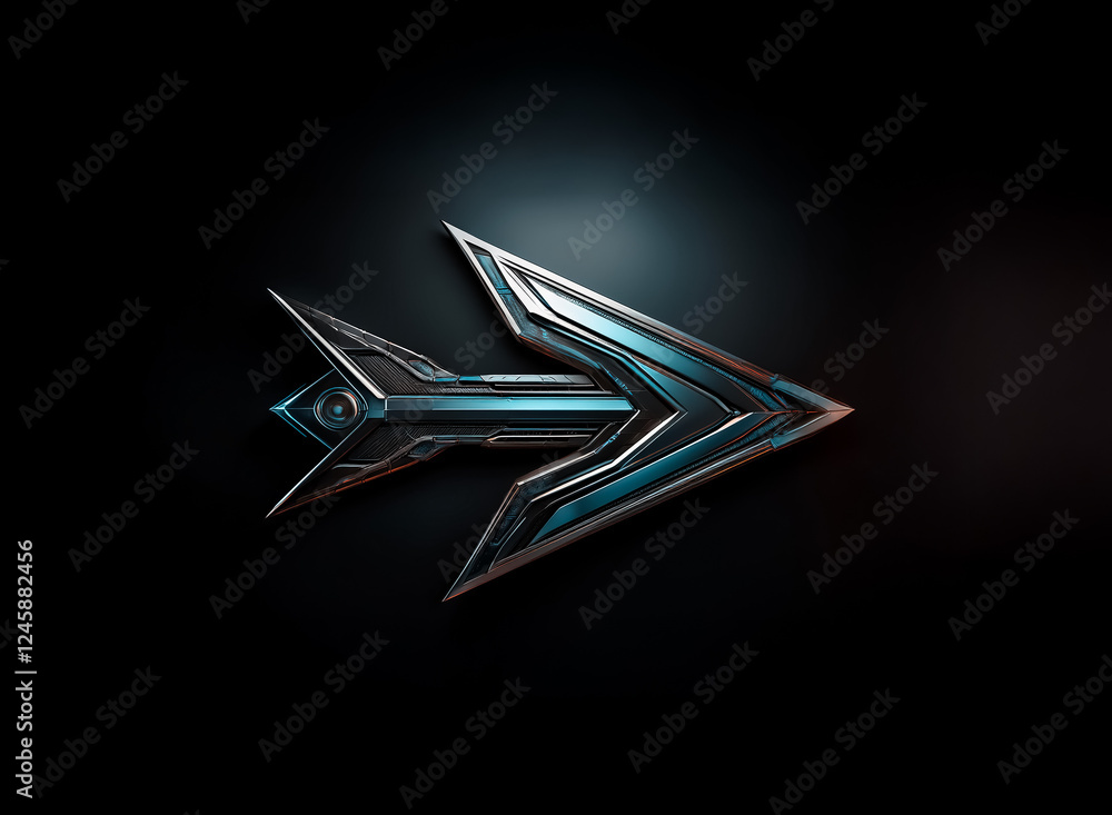 Fototapete A sleek, metallic arrow with sharp, angular edges points right on a dark, moody background.  The design gives a futuristic and directional impression with a hint of illumination.